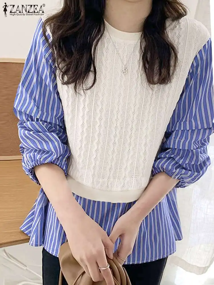 

Модная женская полосатая блузка ZANZEA, Осенние Топы с рукавом 3/4 в стиле пэчворк, Повседневная рубашка из двух частей, праздничные блузки, рабо...