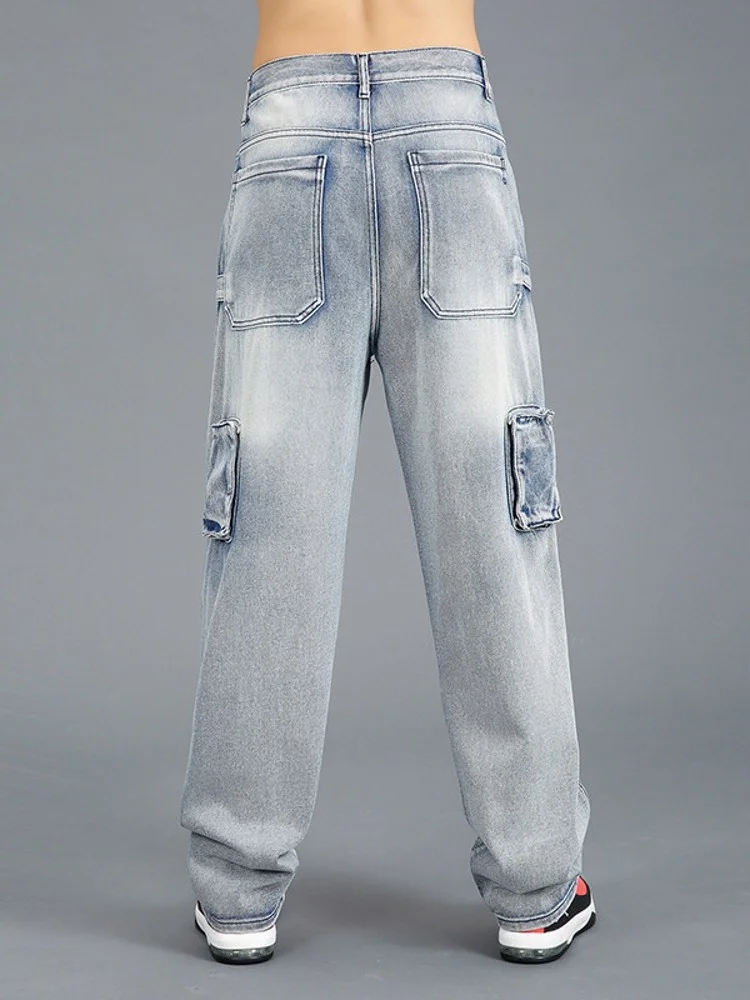 Men Spring Autumn Loose Fit Straight Jeans Big Pocket Plus Size 48 Hip Hop Denim High Street Washed Long Wide Leg Pants