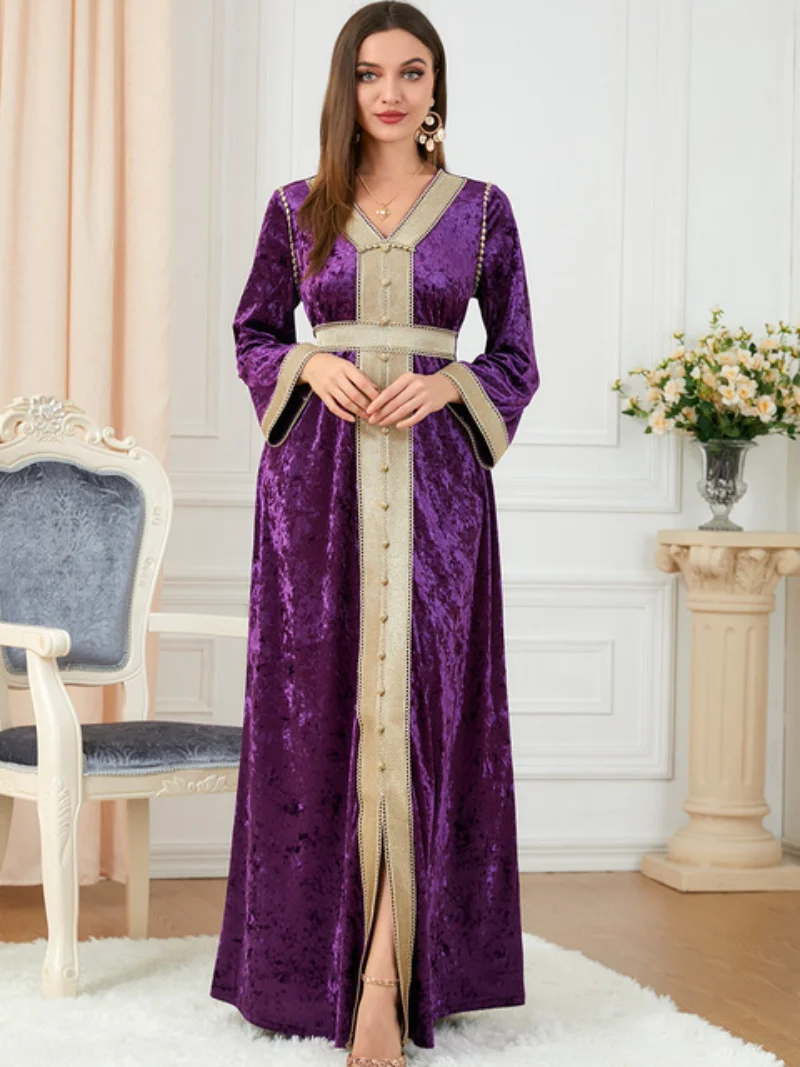 Muslim Dress Women Autumn Winter Velvet Long Sleeve Button Tape Trim Belted Kaftan Split Hem Party Dresses Turkey Abaya New 2022