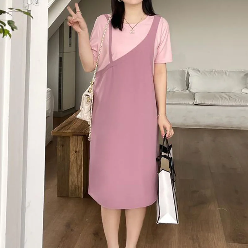 Plus Size Clothes Versatile Fake Two Pieces Korean Round Neck Button Combination Color Contrast Womens Straight Mid Length Dress