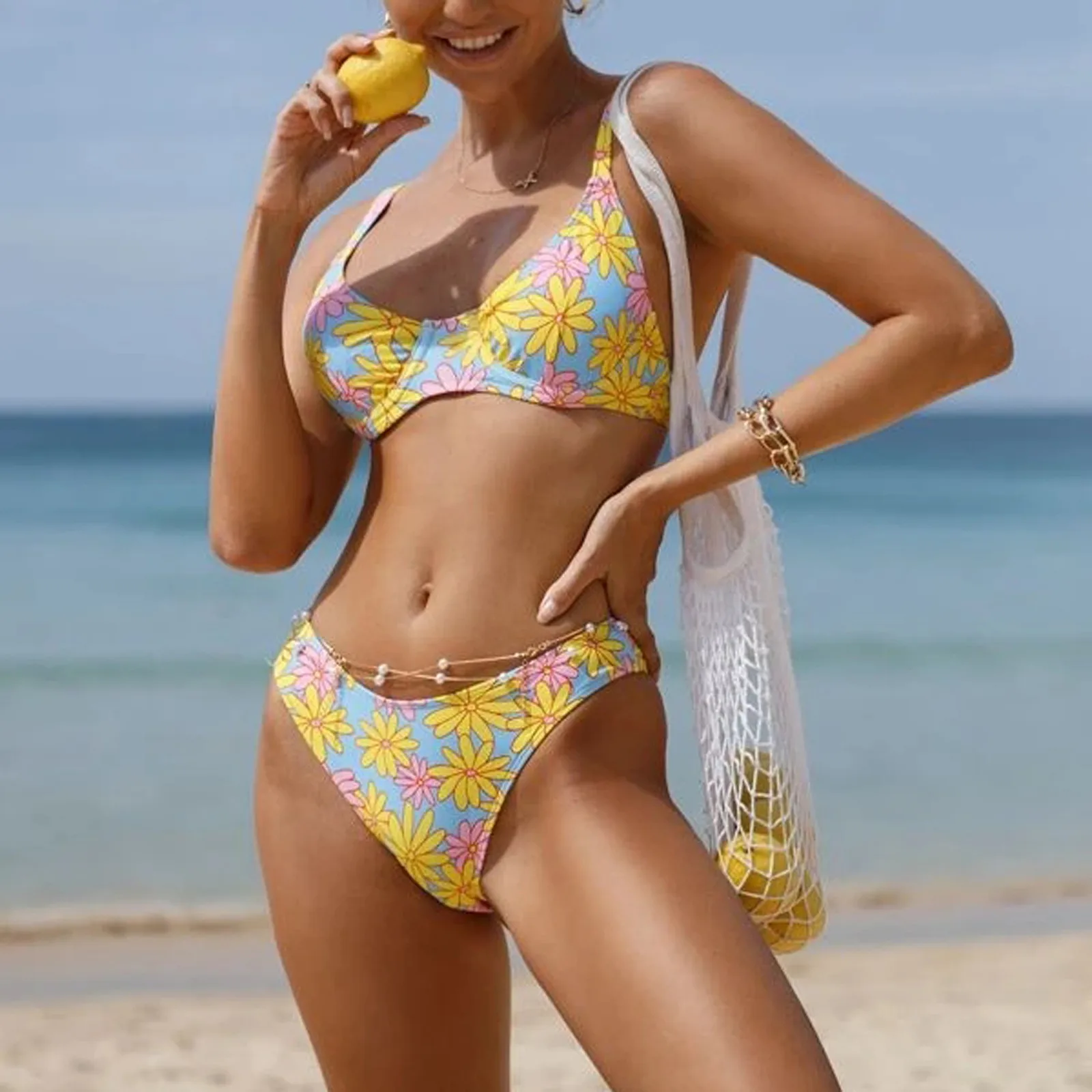 

Cute Flower Bikini Swimsuit Women Sexy Floral Print Bra Brief Set 2 Piece Bathing Swimming Suit
