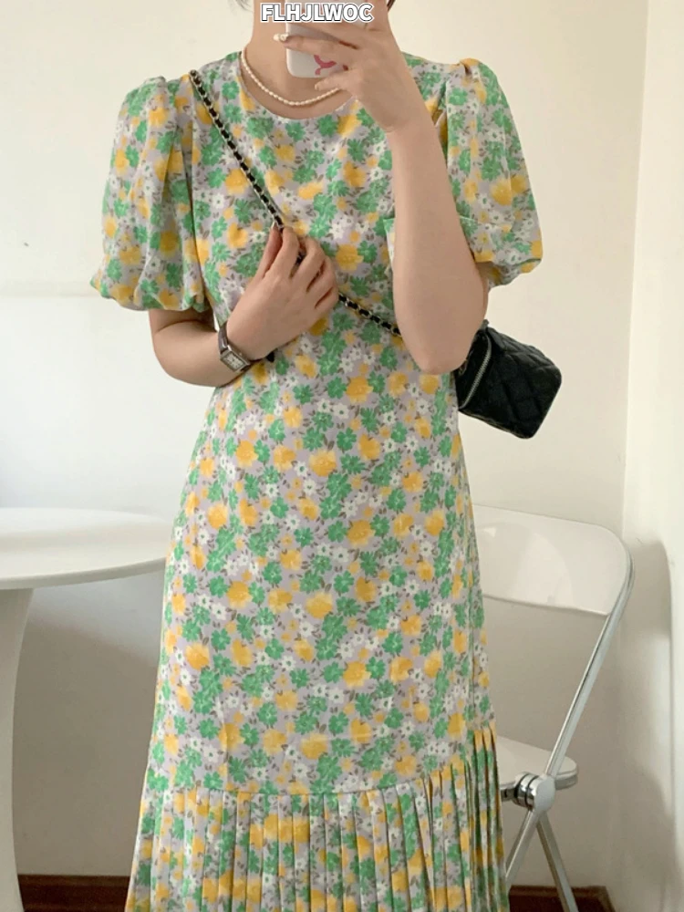 

Chic Korean Fashion 2022 Women Fenimine Temperament Office Elegant Green Pink Floral Vintage Flower Long Ruffles Pleated Dress