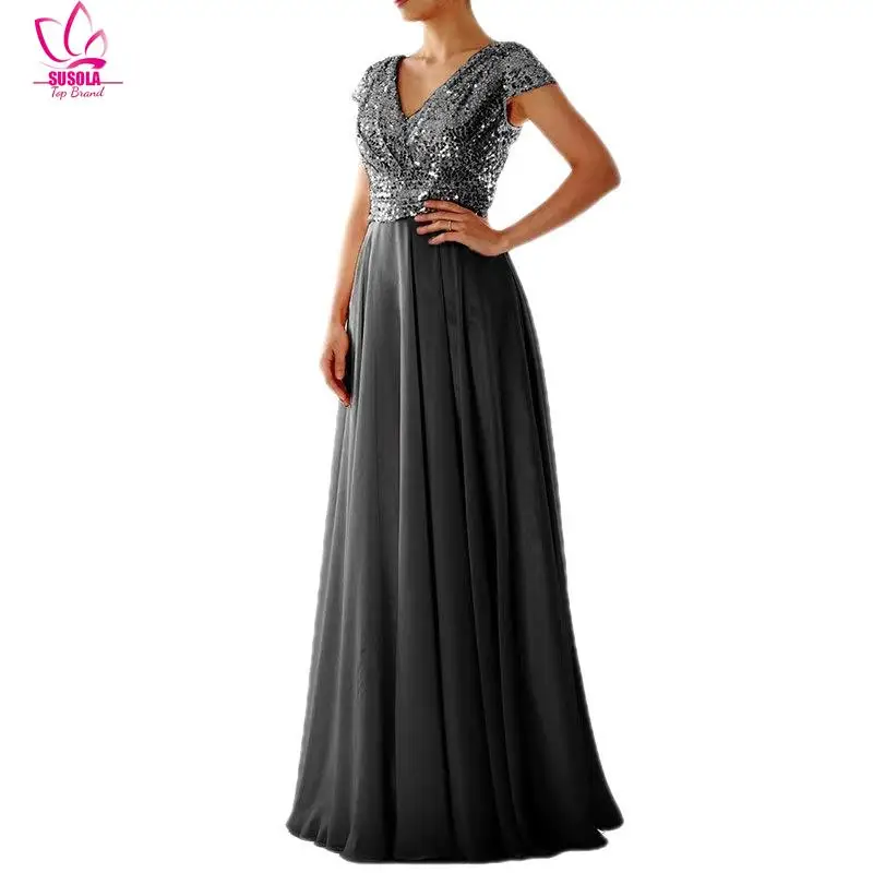 Вечернее платье с V-образным вырезом и золотыми блестками макси-платья длиной до