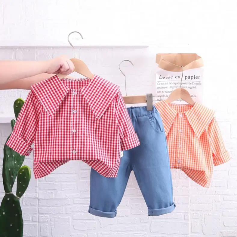 

Toddler Kids baby clothes Korean girl plaid lapel long sleeve shirts+denim pants 2pcs/set children outfits infant clothing