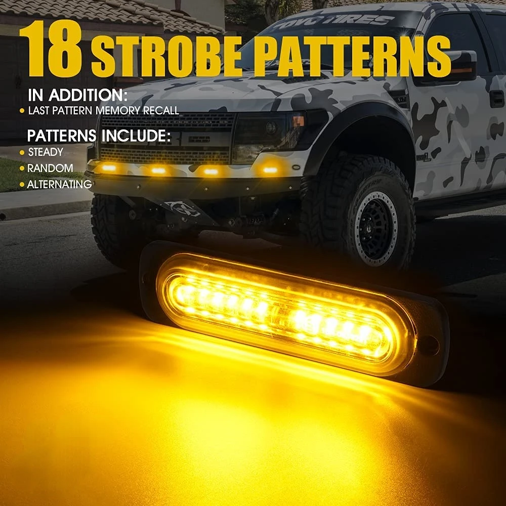 4PCS Amber 12 LED Emergency Strobe Lights Kit Surface Flush Mount Side Marker Grill Grille Hazard Warning Flashing Light Head