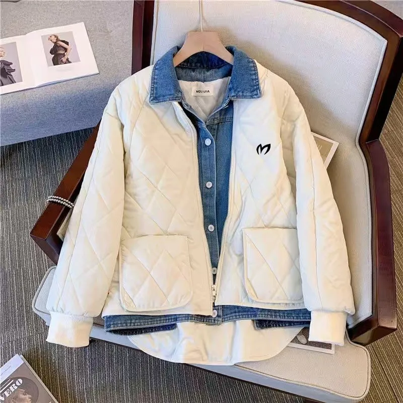 

Женские зимние пальто для гольфа, модная дизайнерская одежда из двух предметов с хлопковой подкладкой, джинсовая комбинированная утепленная одежда для гольфа в Корейском стиле