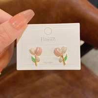 s925 silver needle tulip flower stud earings for women simple small fresh pink plant stud earrings daily pearl earrings