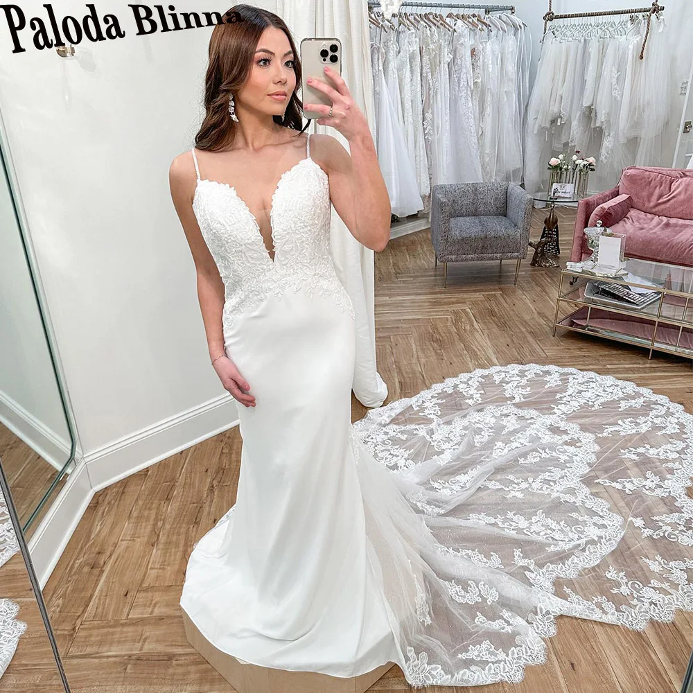 

Paloda Elegant Spaghetti Straps Wedding Dresses For Bride V-Neck Appliques Tulle Sleeveless Royal Train Vestido De Noiva 2023