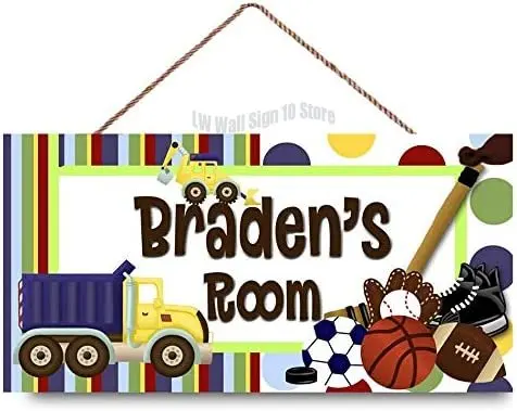

Trucks and Sports Boys Bedroom Personalized Name Sign Wall Art Door Sign