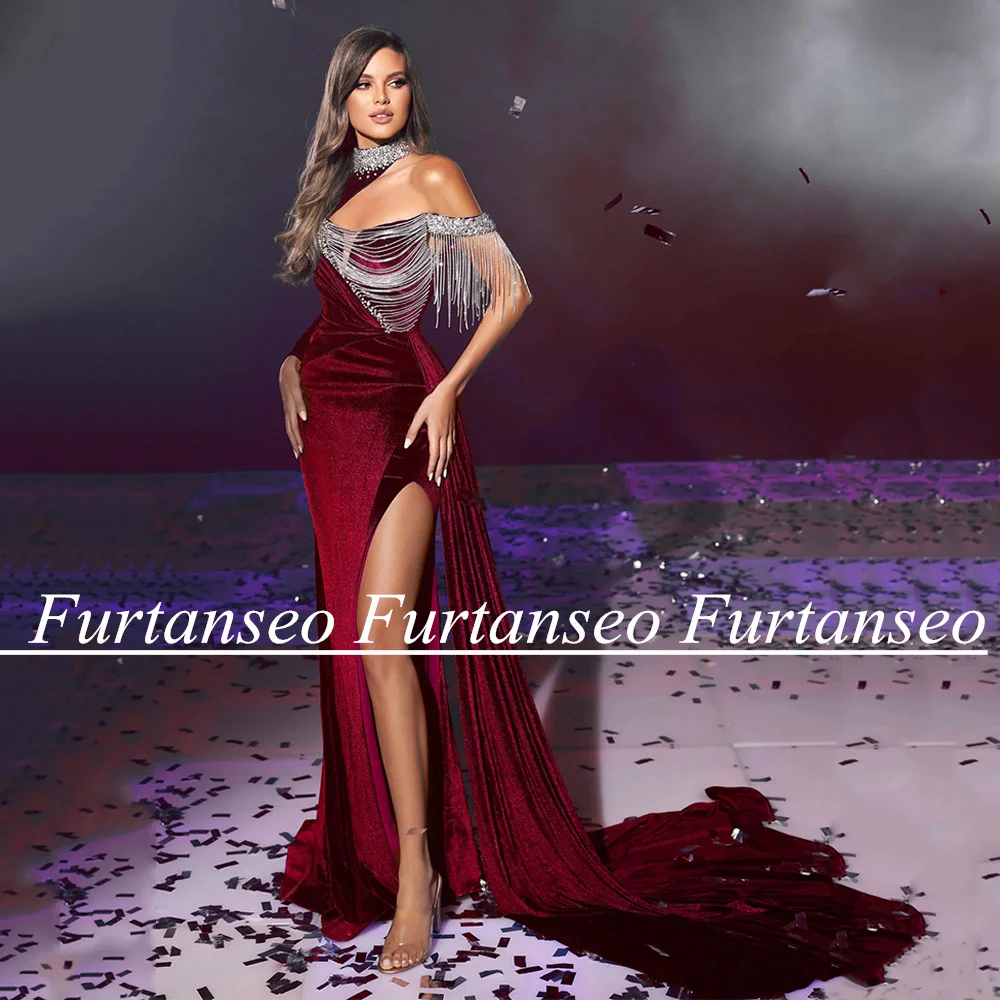 

Furtanseo Luxury Beading Velvet Evening Dress High Neck Long Sleeve Sequin Sweep Train Sequin Slit Velour Mermaid Prom Gown