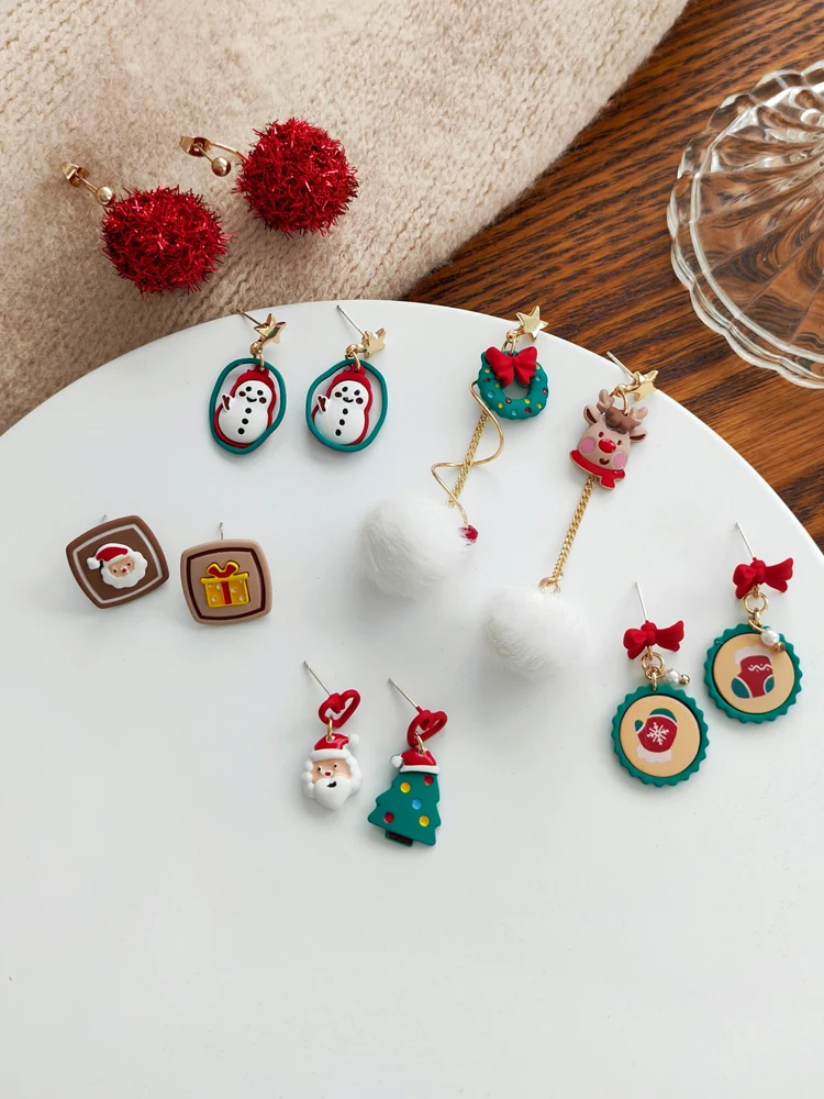 

LingLu Cute Cartoon Fuzzy Ball Xmas Tree Shape Sweet Dangle Earrings for Women 2022 New Trendy Earring Party Jewelry Gifts