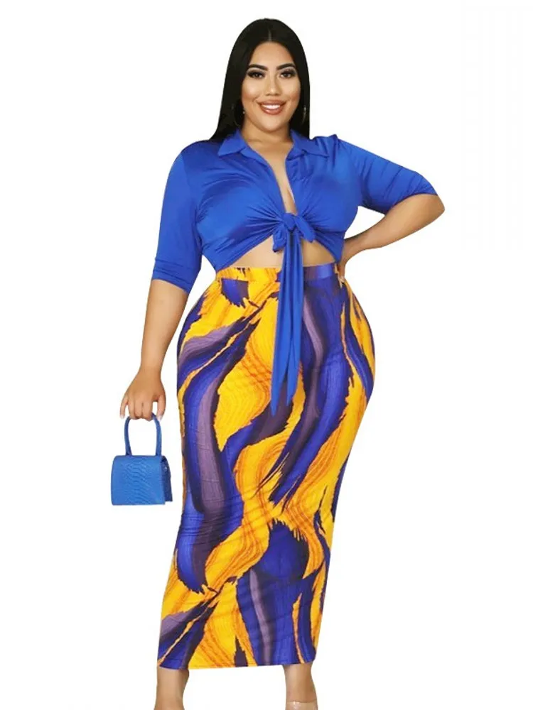 

Plus Size Women Skirts Sets 3XL 4XL Lace Up Crop Top Outfits Summer New Fashion Print Street Style Sexy Oversize Long Skirt Suit