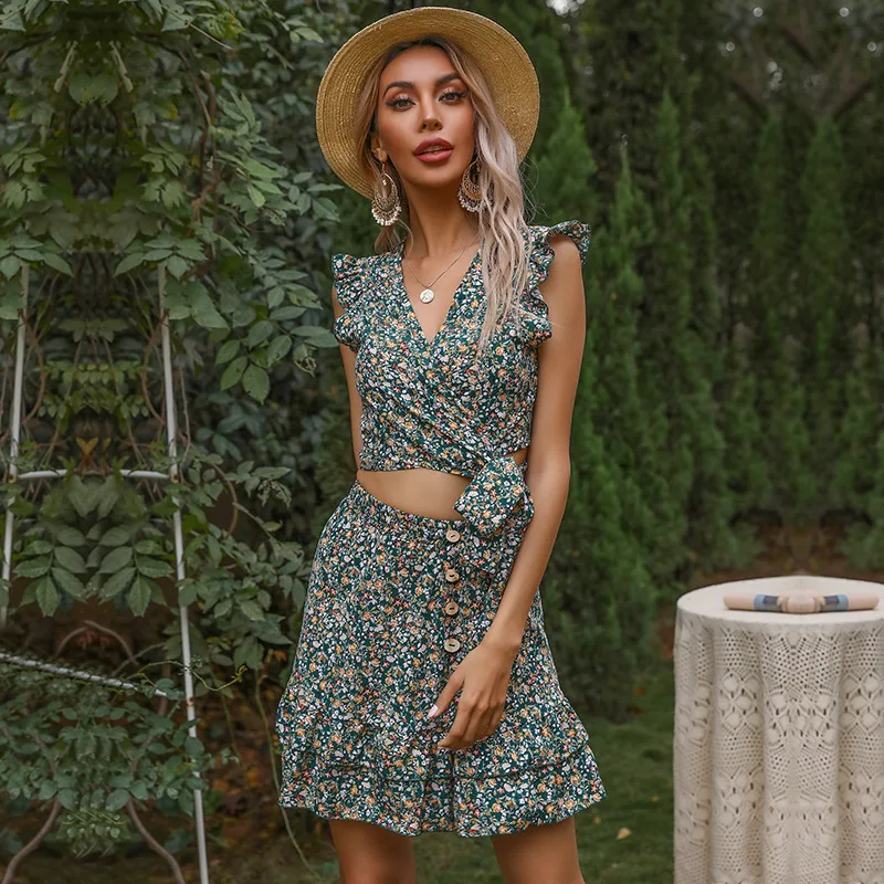 

2023 Summer Floral One-Piece Top Ruffle Skirt Suit Two-piece Set Ensemble Femme 2 Pièces été Dresses for Women
