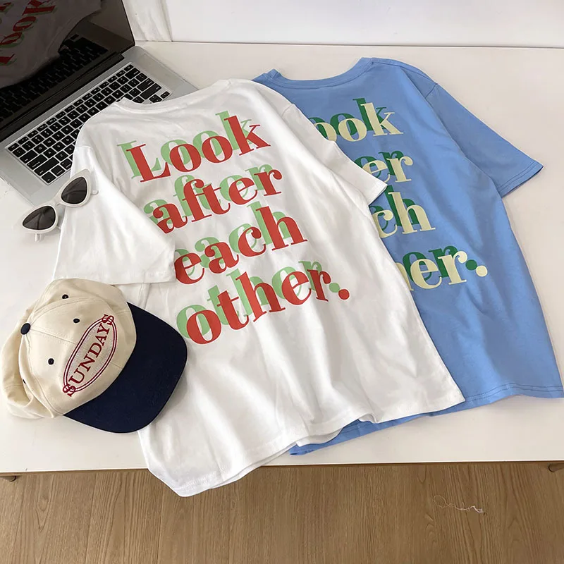 

Двухслойная Свободная Повседневная хлопковая Футболка контрастных цветов с буквенным принтом и коротким рукавом