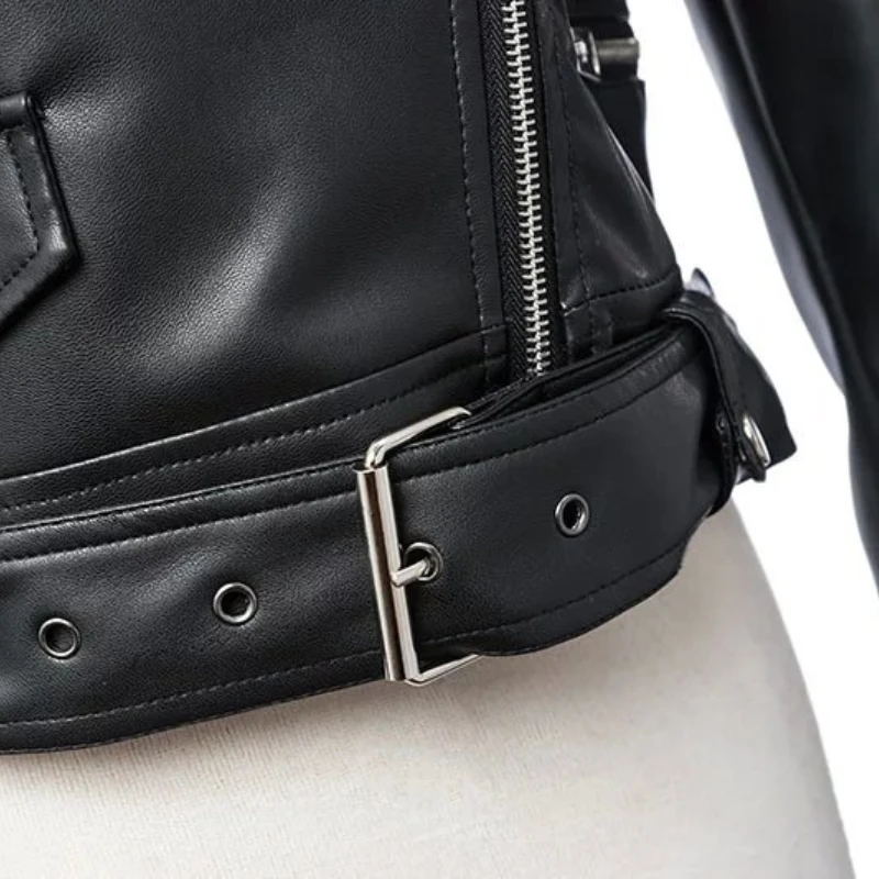 New Women Spring Autumn Black Faux Leather Jackets Zipper Basic Coat Turn-down Collar Motor Biker Jacket with Belt Jaqueta Preta