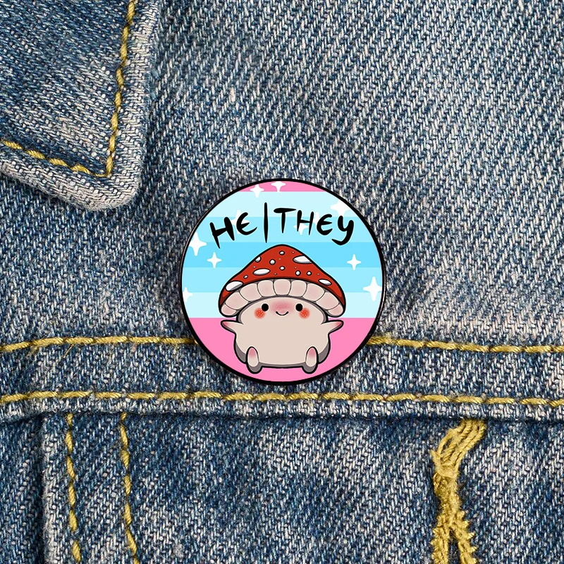 

Trans Masculine pride He Him Mushroom pronoun Pin Custom cute Brooches Shirt Lapel teacher tote Bag backpacks Badge gift pins