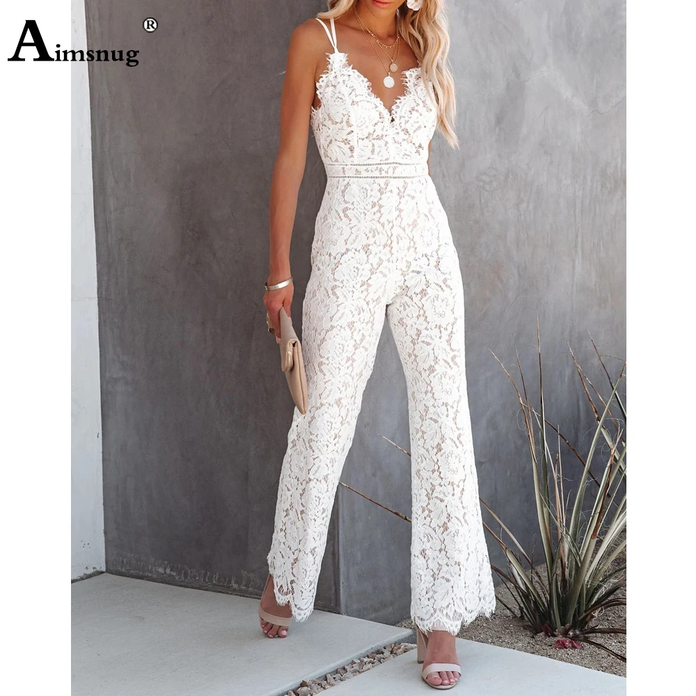 Women Elegant V-Neck Jumpsuit Spaghetti Straps Bodysuits Solid Embroidered Lace Open Back Straight Leg Overalls Long Jumpsuits
