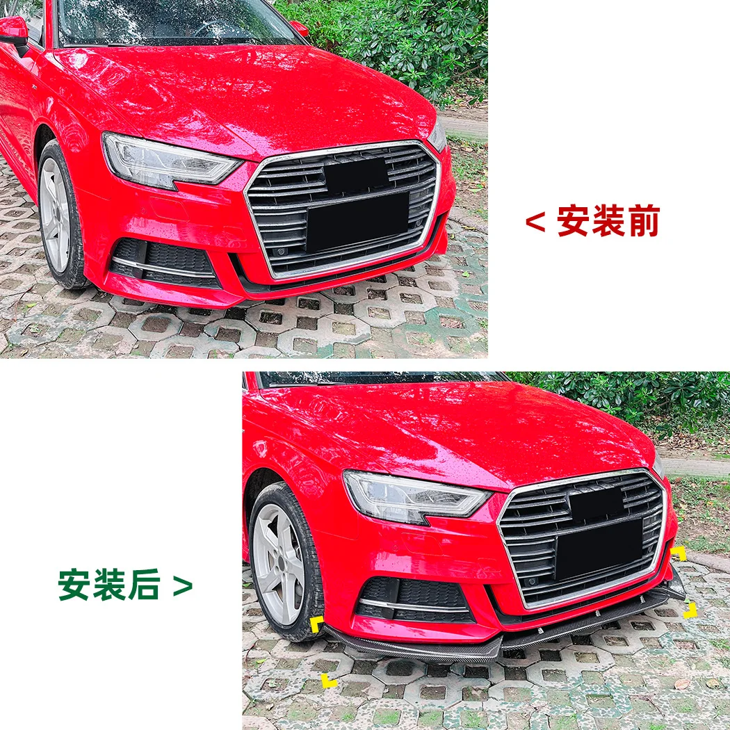Фото Комплект из 3-х частей: сплиттер-спойлер переднего бампера для Audi A3 S3 8V Facelift 2017-2020, цвет черный глянец, карбон, нижний диффузор, мод-комплект №4