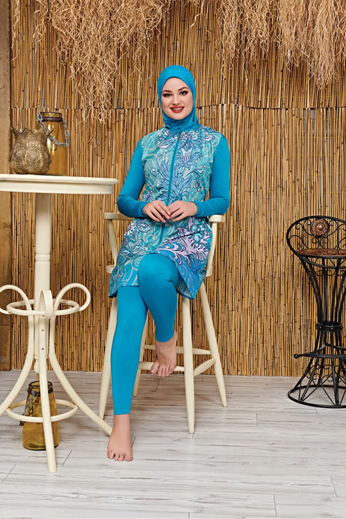 

Muslim Burkinis Blue Patterned Polyamide Vest Swimwear Vest Swimwear fashion Summer Clothing Hijab Sport Swimsuit Islamic Full Cover
