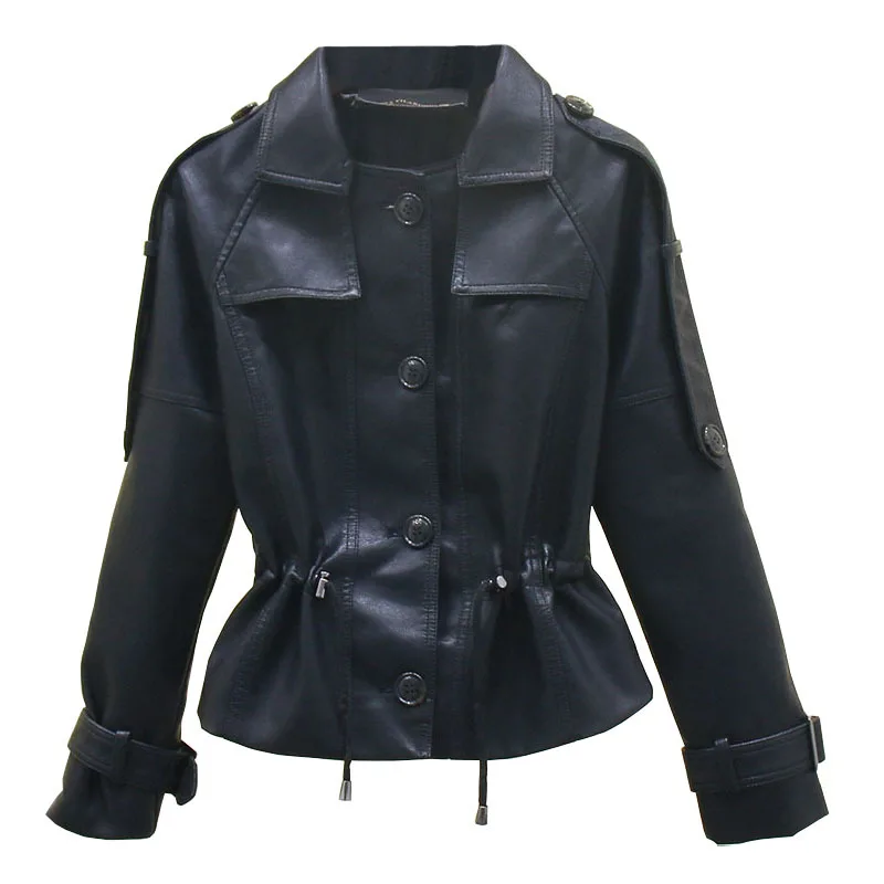Slim Skinny Girl's  Motorcycle Jacket Women's Spring  Autumn Korean Short Waist Collection PU Leather Coat Drawstring Top
