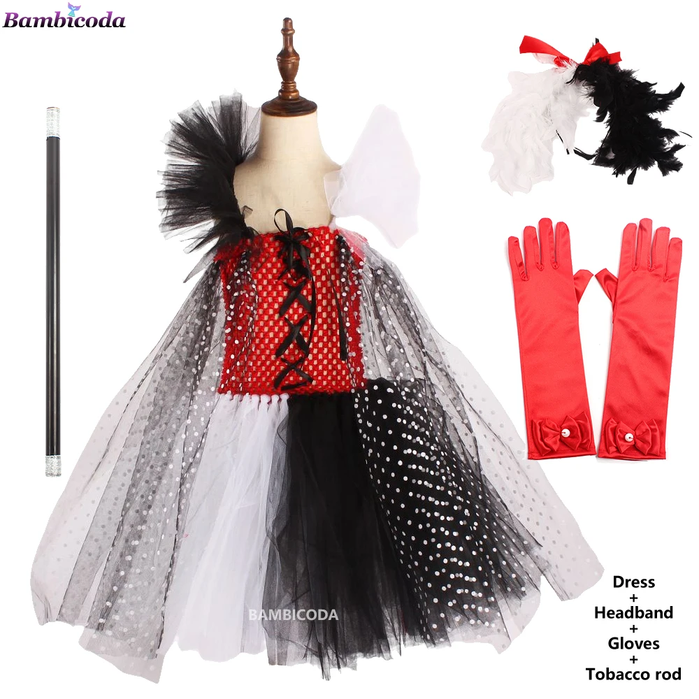 

Детские платья Cruella на Хэллоуин, детская одежда, косплей костюм для девочек, черно-белое длинное платье для карнавала, вечеринки, детская оде...