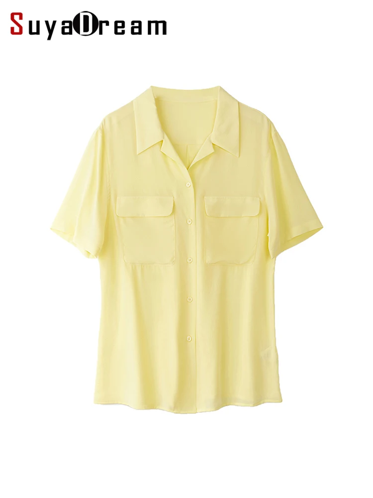 SuyaDream Women Solid Shirts 100%Pure Silk Short Sleeved Chest Pockets Chic Blouses 2022 Summer Office Lady Top Yellow