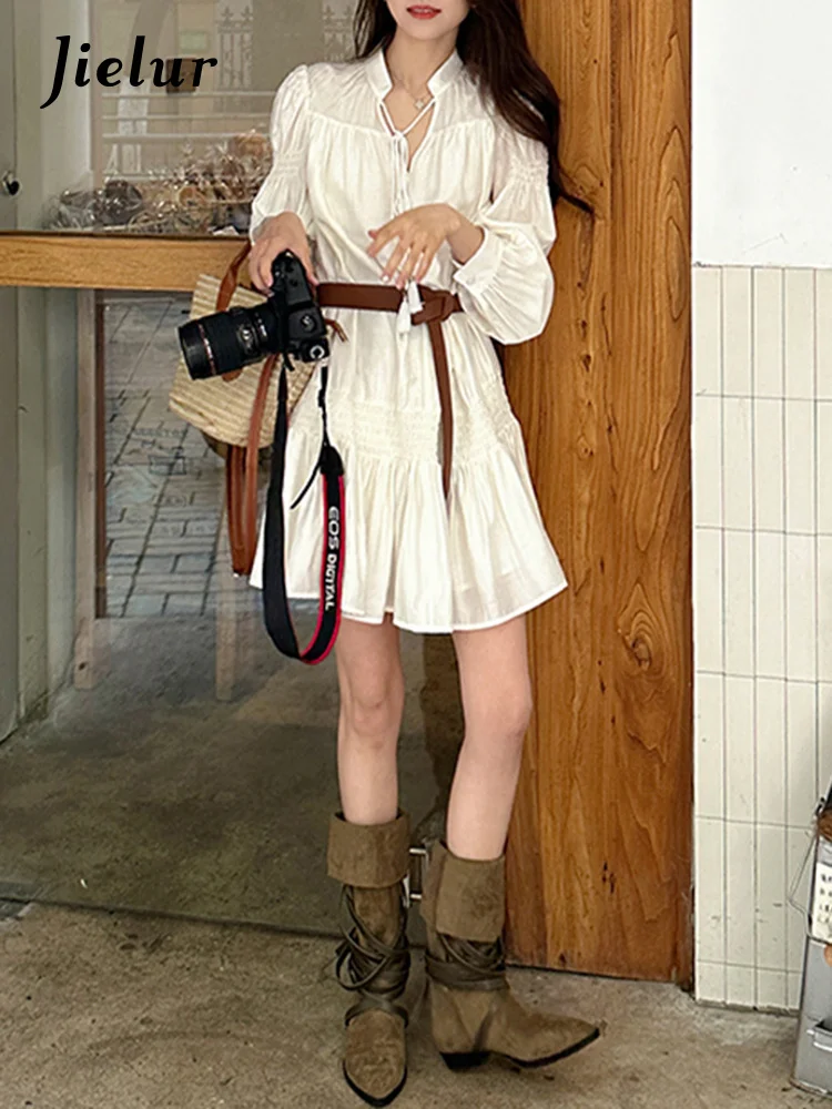 

White Chic Basic Belt Slim Waist Women Dresses Fashion Lace-up French Autumn Casual Pure Color Long Sleeves Female Dress