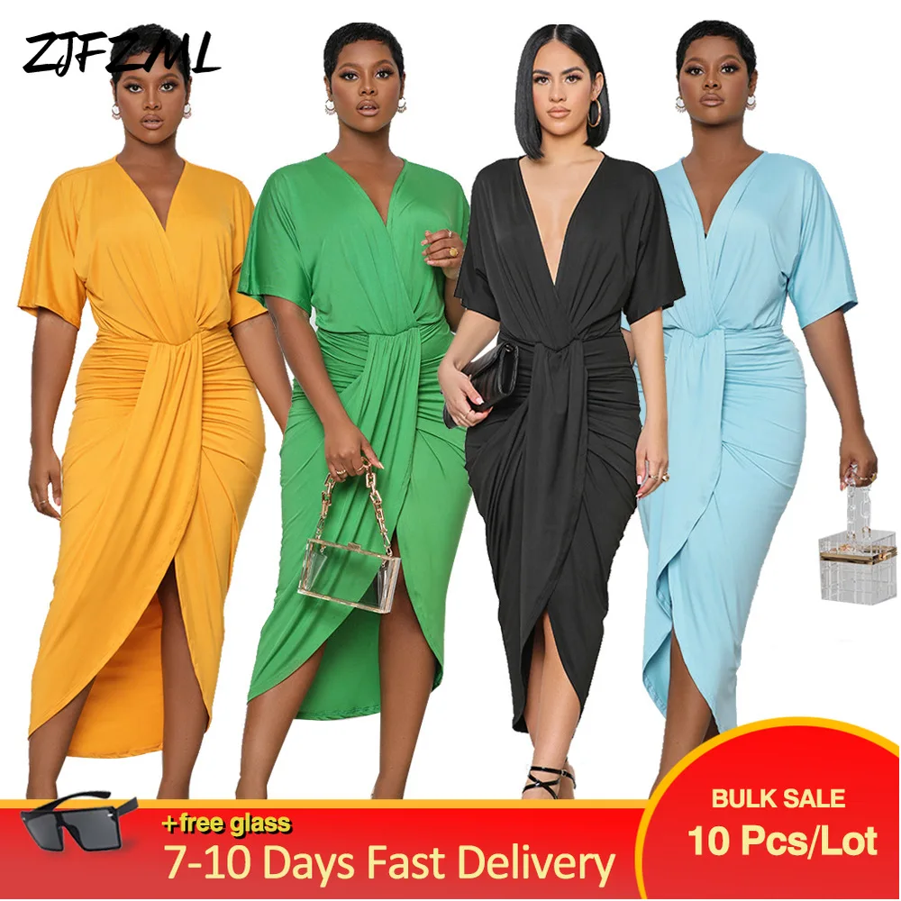 

Женское Повседневное платье с разрезом, базовое платье с коротким рукавом и V-образным вырезом, пропускающее воздух платье с рюшами для отды...