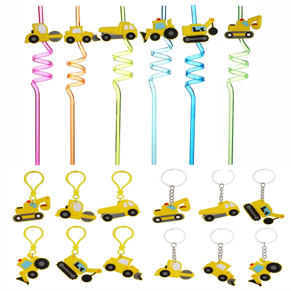 

Excavator Party Favors with Dumper Crane Street Roller Shovel Car and Bulldozer straws Keychain Construction Engineer Supplies