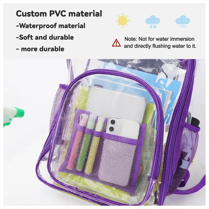 Waterproof Clear Backpack Heavy Duty PVC Transparent Large Capacity Backpack with Reinforced Strap for School, Work, Stadium, Tr