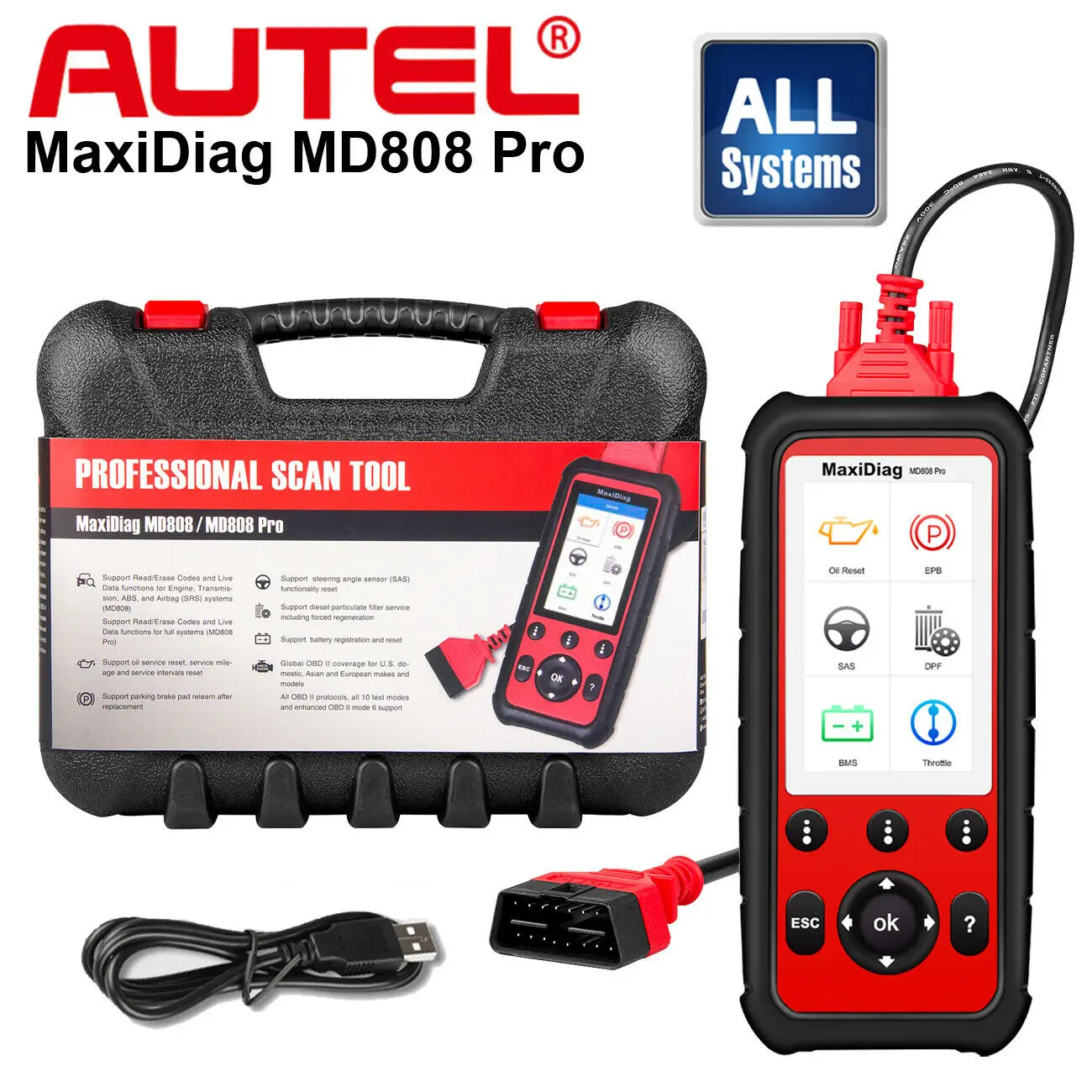 Autel MaxiDiag MD808 Pro Tất Cả Hệ Thống OBD2 Máy Quét Cao Cấp MaxiCheck Pro Và MD802 SAS,SRS,ABS EPB,DPF,BMS Miễn Phí Trọn Đời Cập Nhật