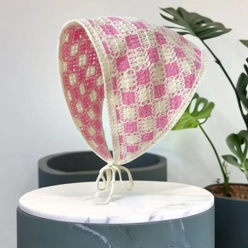 Вязаный треугольный шарф повязки на голову женский вязаный платок с клетчатым