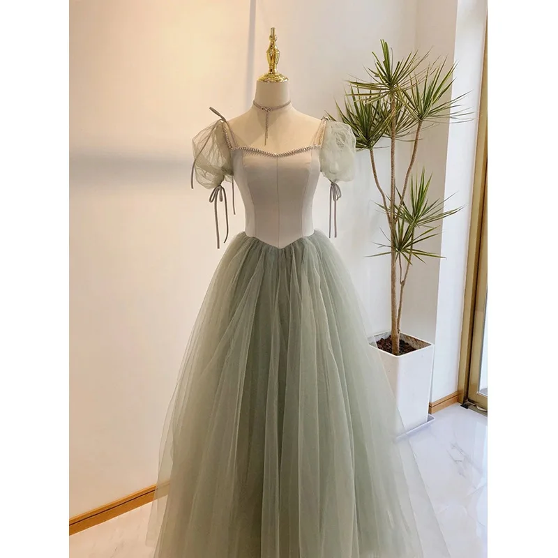 

Temperament Evening Dress Green Bubble Sleeves Birthday Party Annual Meeting Walk Show Show Host Artistic Examination Girl