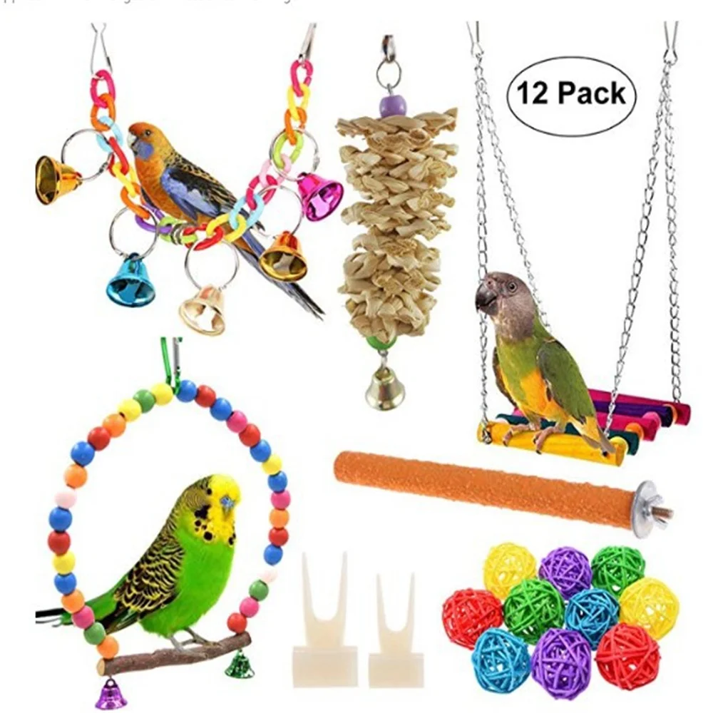 

12 Packs Bird Parrot Swing Chewing Toys-Hanging Bell Bird Cage Toys for Small Parakeets Cockatiels Conures Finches Budgie Macaws