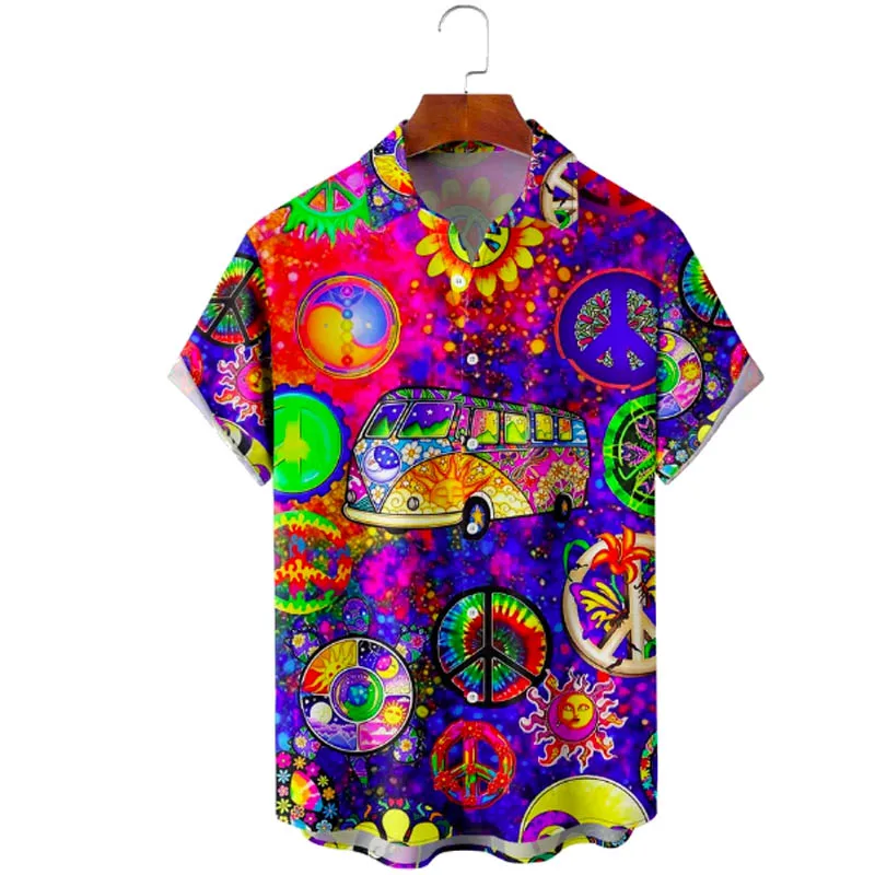 

Molilulu Mens Hippies Peace & Love Print Front Buttons Soft Breathable Chest Pocket Casual Hawaiian Shirts