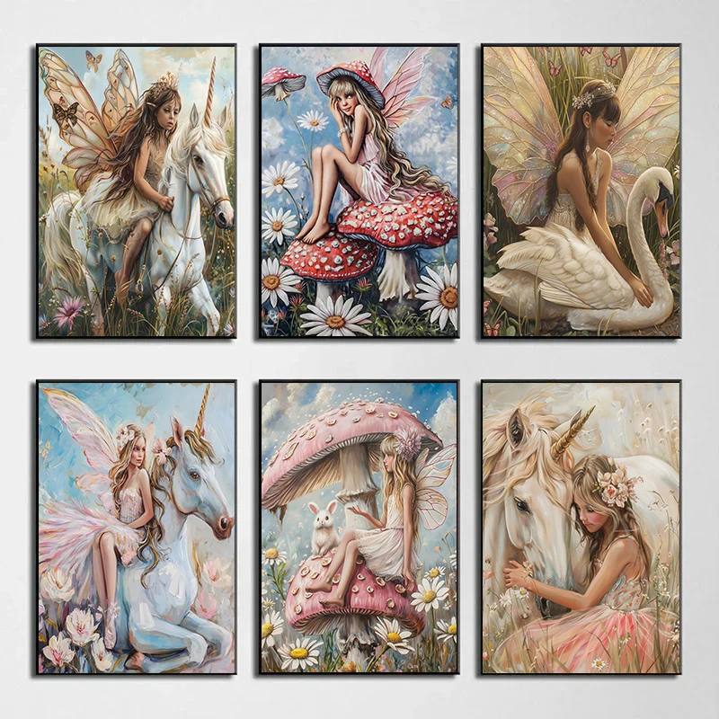 Современный стиль Fairycore для девочек розовый гриб единорог постер на холсте