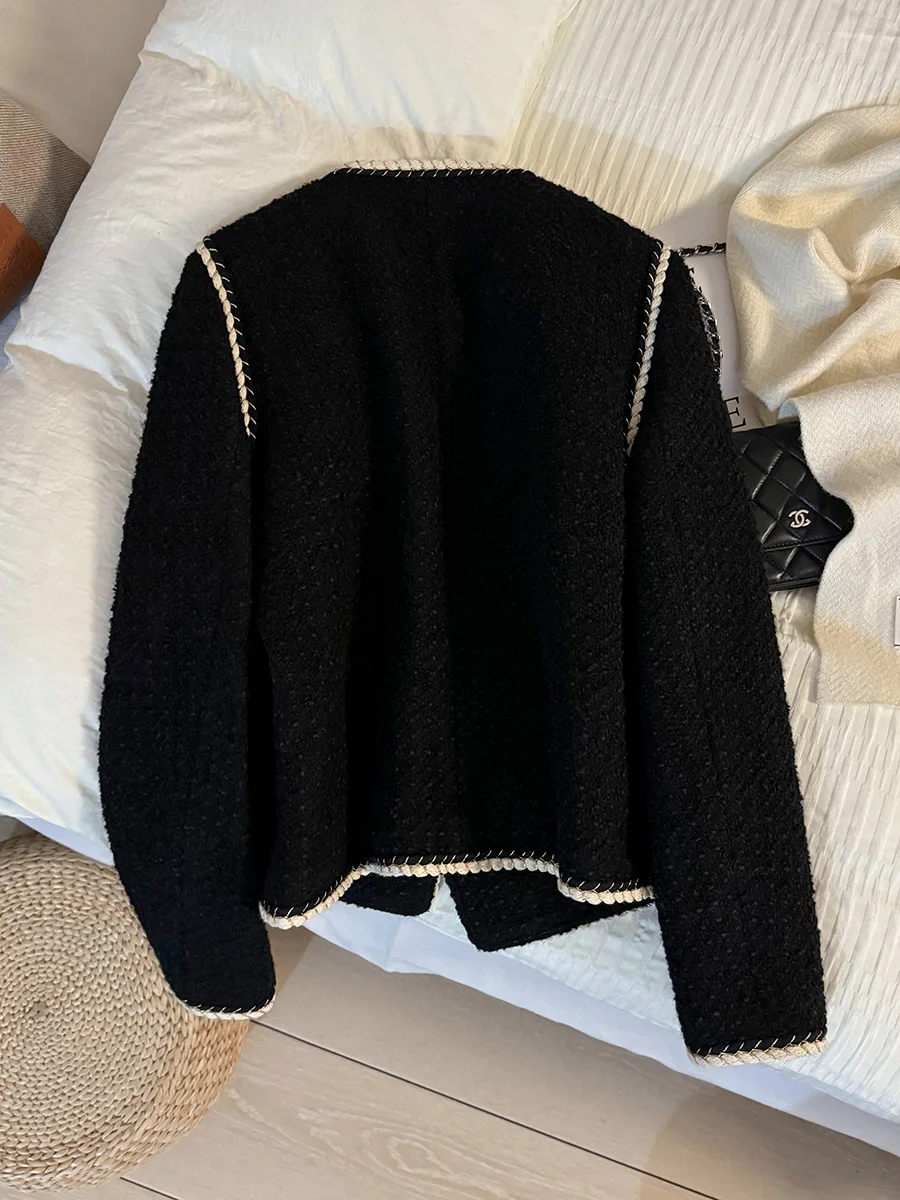 Черное твидовое изящное короткое пальто в стиле преппи для женщин новинка 2024