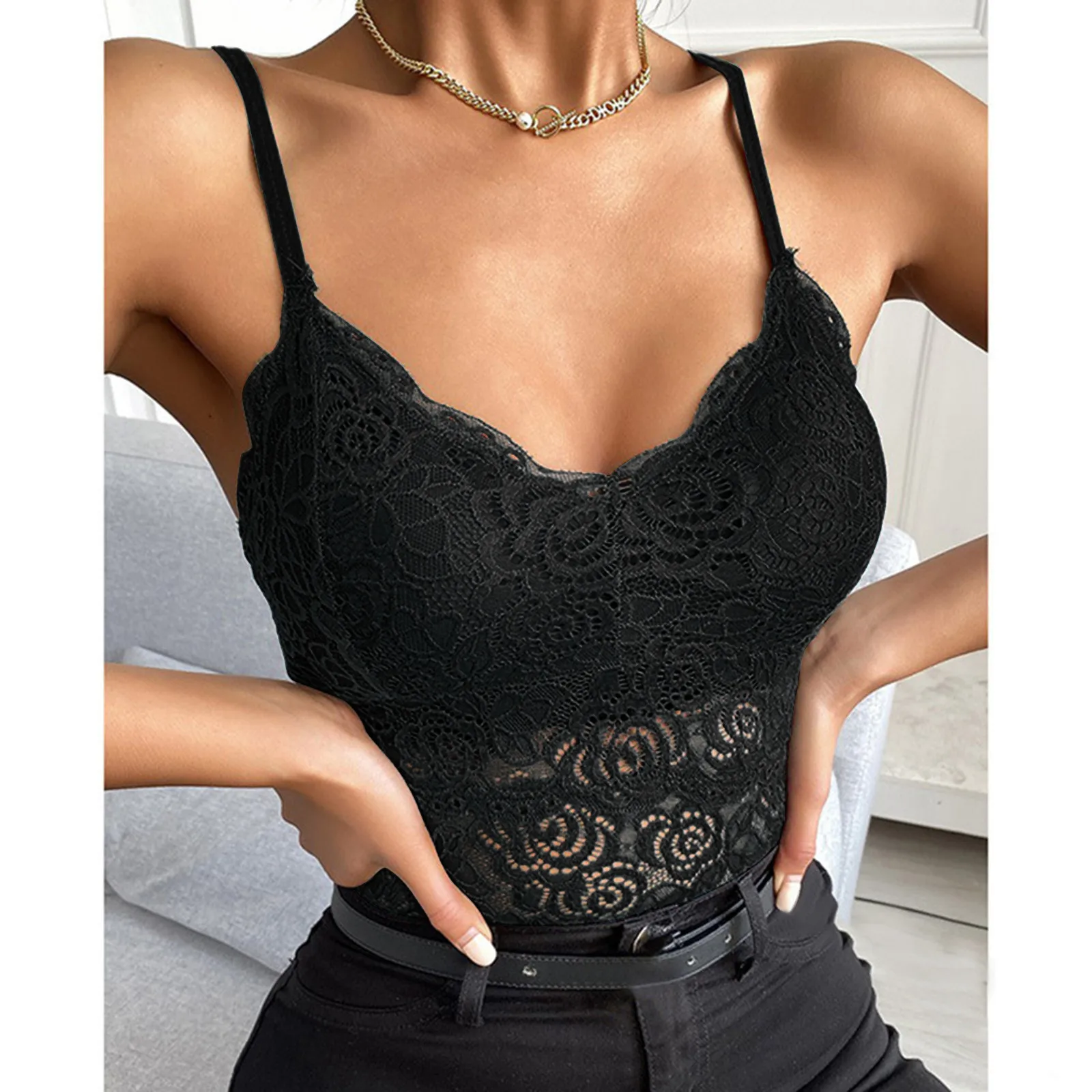 

Solid Corset Lace Camis Tops For Women Soft V Neck Tops Hollow Sheer Lace Mesh Camisoles Bralette Spaghetti Strap Vest Female