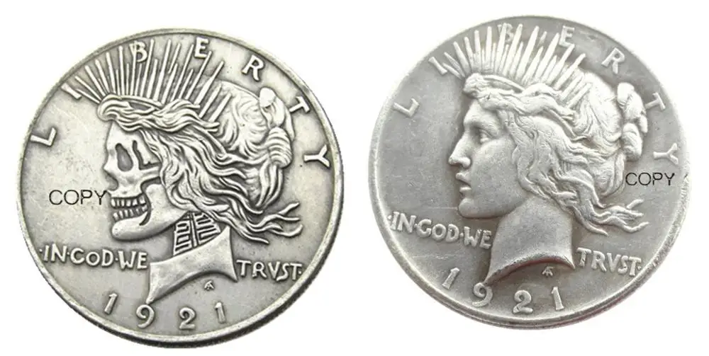 

США Хобо Мир доллар 1921/1921 Мир доллар Череп Зомби Скелет посеребренные копии монет