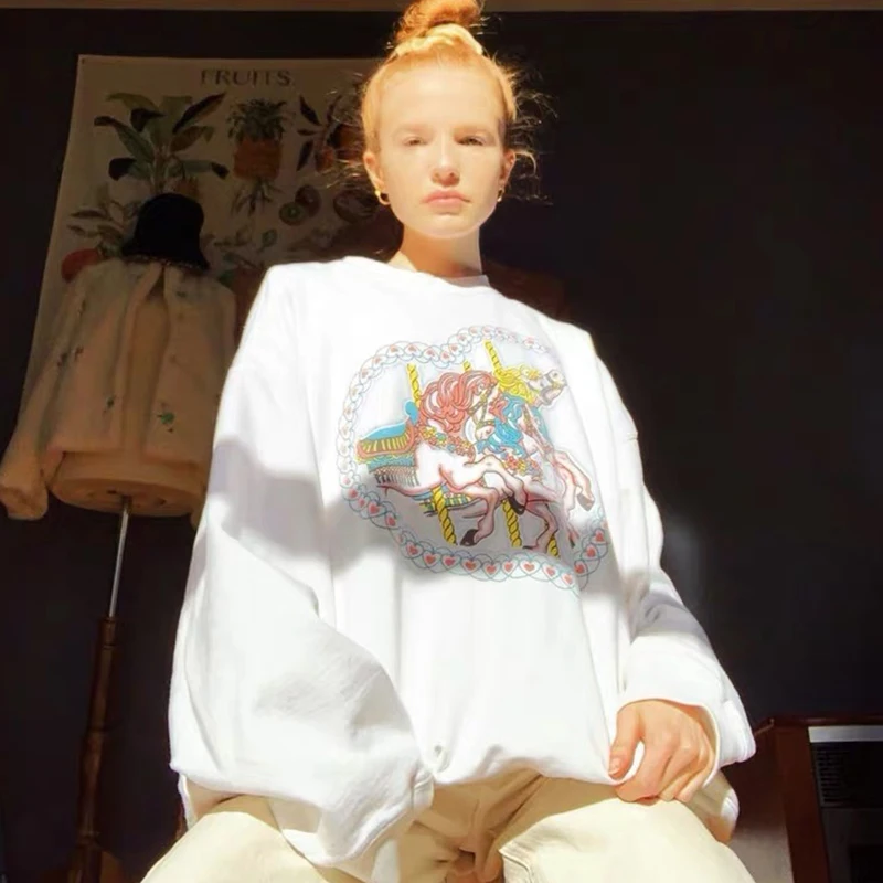 

Fashion Women's Love Printing Round Neck Loose Plus Fleece Top Cotton Autumn Warm Gothic Sweatshirt Turn Wooden Horse Sweater