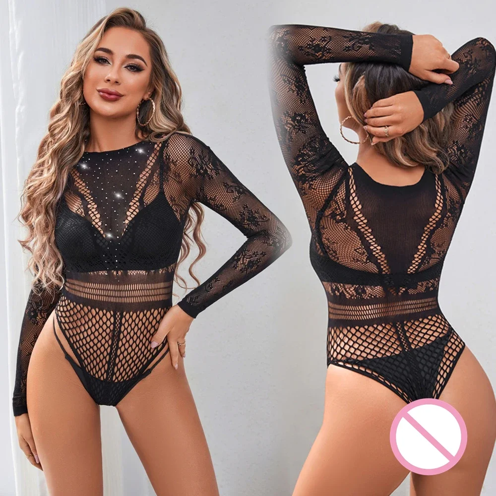Женский цельный комплект ажурное боди со стразами сексуальное сетчатое