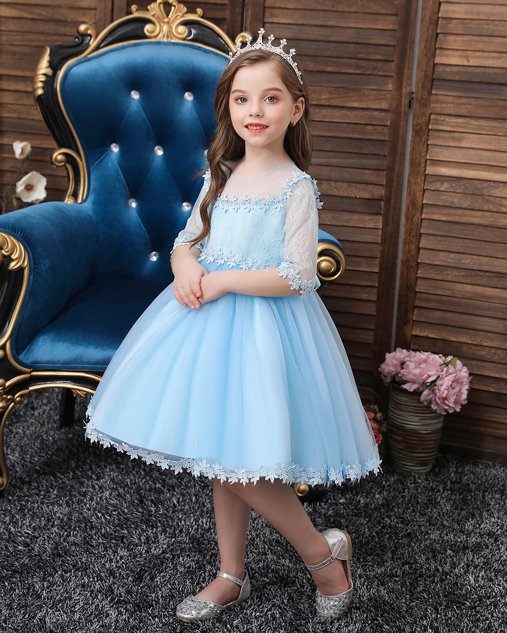 

Western Style Kid Wedding Gown Flower Gril Lace Dress For 3 Years Old pretty Red Evening Dresses For Party