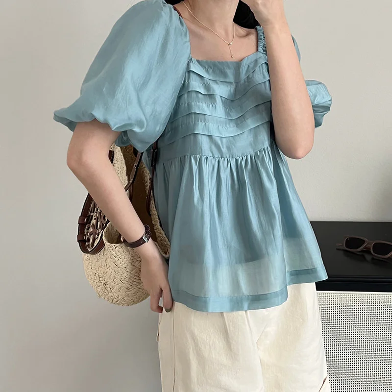 

Square Neck Puff Sleeve Shirred Shirt Blue Gray Beige Summer Short Sleeve Silk Blouse Women Tops
