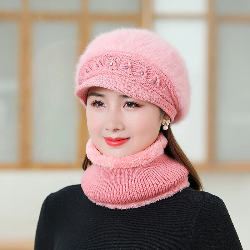 

Новая зимняя женская шапка Стразы вязаный берет из кроличьего меха набор шарфов уличный ветрозащитный толстый теплый шерстяной вязаный го...