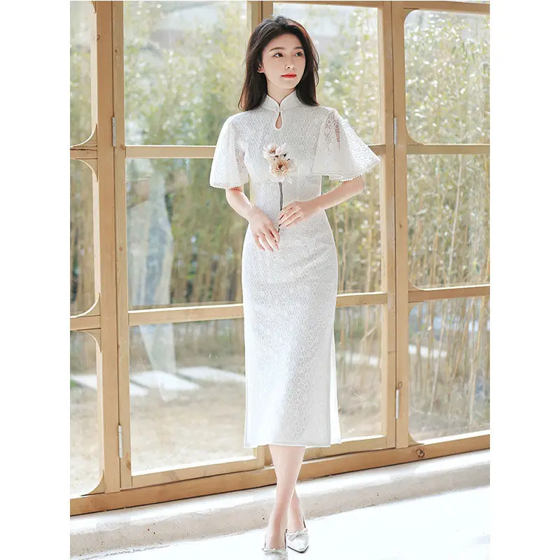 2023 New Summer Women's Cheongsam Evening Gown White Stand-Up Collar Short Sleeve Casual Sweet Fairy Wind Hip Long Dress XS-3XL
