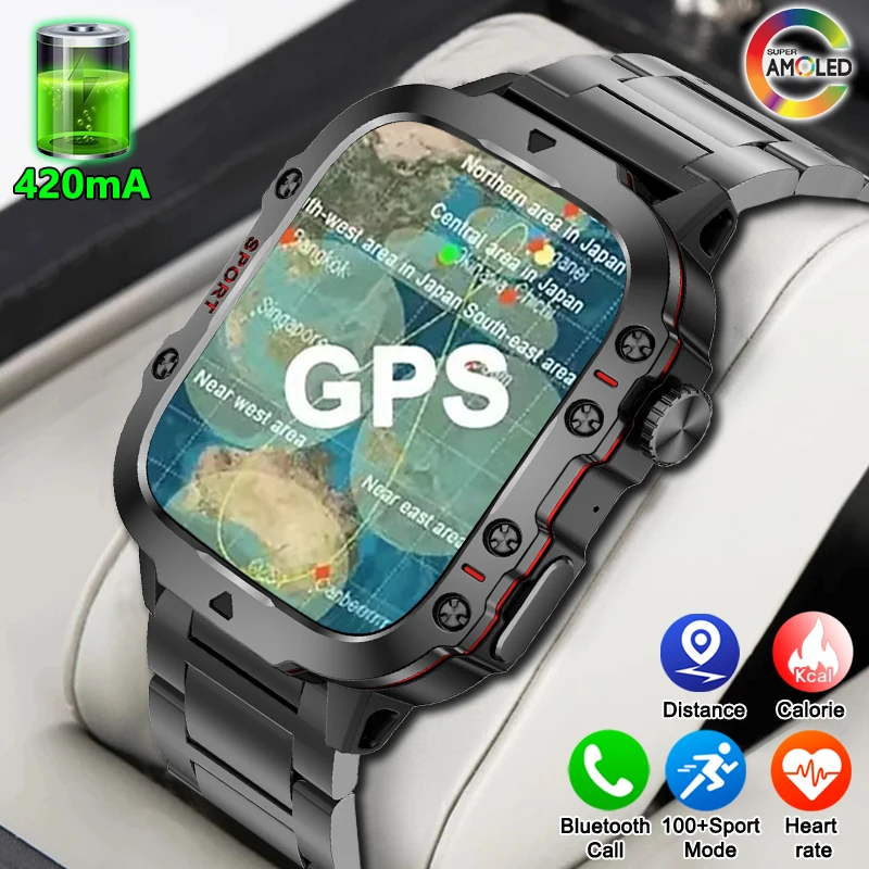 Смарт-часы Военного Класса с GPS-отслеживанием водонепроницаемые HD AMOLED-дисплей