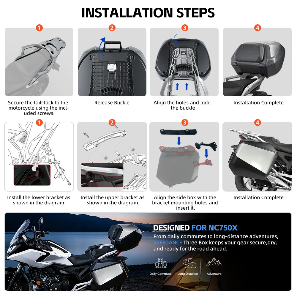 Фото Комплект из 3-х кофров для мотоцикла Honda NC750X NSS750 NT1100 XADV750 XL750, быстросъемные, без необходимости сверления, используются оригинальные ключи. №4