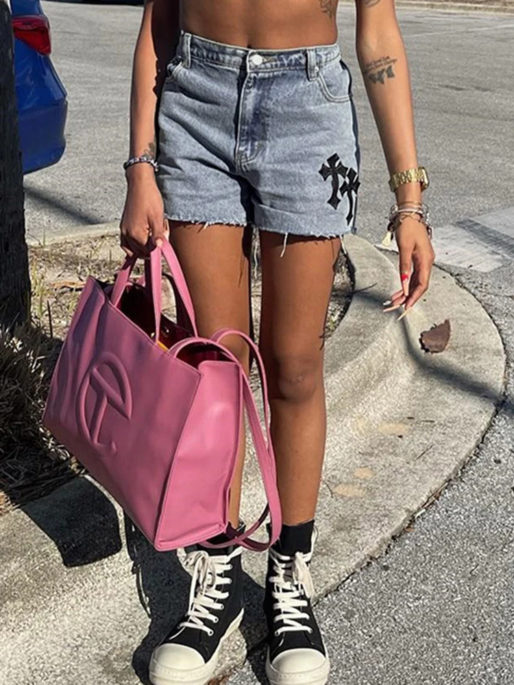 

Cross Printed Y2K Denim Shorts Women Fashion Pocket Tassel High Waist Jeans Shorts 90s Summer Streetwear Sexy Hot Shorts