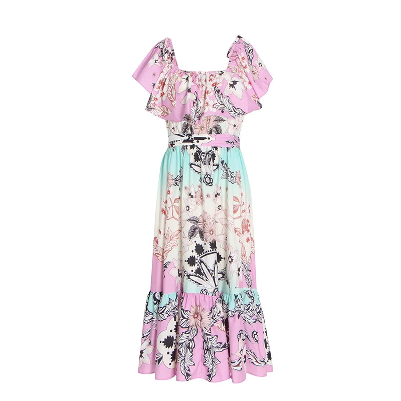 

Fashion Sexy Commuter Style 2022 Summer One-word Collar Ruffled Sleeves Mid-waist Waist And Multi-wear Dress Robe Traf