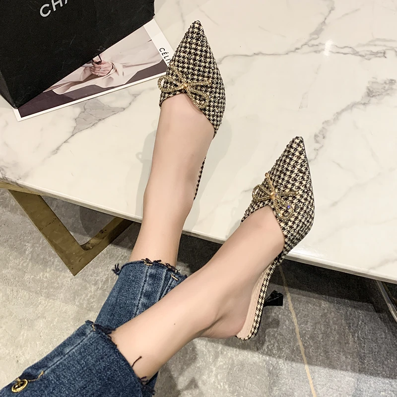 

2023 Summer New Semi-slippers Baotou High-heeled Women Wear Fashionable Thin Heel Pointed Bow Shallow Mouth Shoes Women's